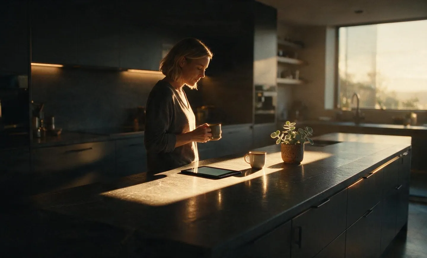 Early light across a kitchen counter, a cup of coffee and a tablet